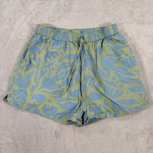 Bearded Goat Mens Abstract Print Shorts Blue Green Cotton Viscose Size L